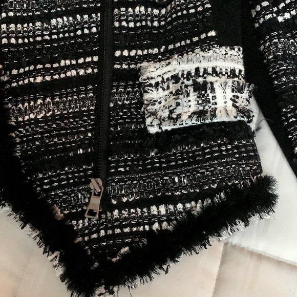 Mcginn Black White Tweed Boucle Metallic Moto Crop Fray Raw Edge Blazer Jacket - Picture 15 of 16
